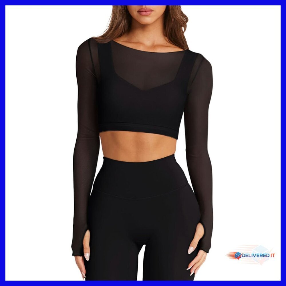 Mesh Long Sleeve Crop Top Double Lined Built-in Bra Workout Shirt - Picture 1 of 7